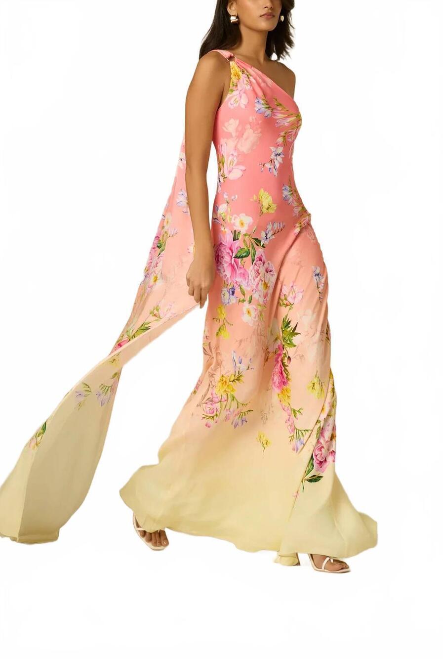 NEW HEMANT & NANDITA avya one shoulder sash dress in pink multi - Picture 7 of 10